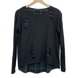 Generation Love Top Small Black Distressed Layered Check Pattern Long Sleeve
